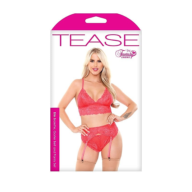 Fantasy Lingerie Tease Erin Floral Lace Bralette Panty & Garter Set Pink - Bras and Bra Sets