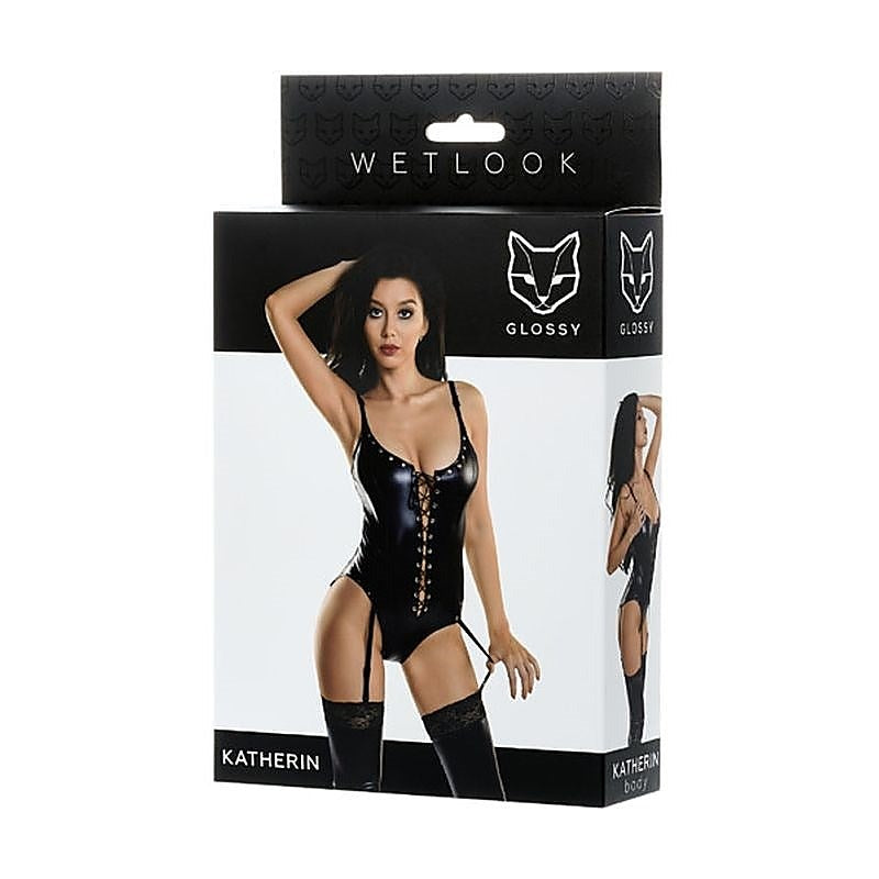Glossy Wetlook Lace Up Bodysuit Katherin Adjustable Fit High Gloss Finish - Her Fetish