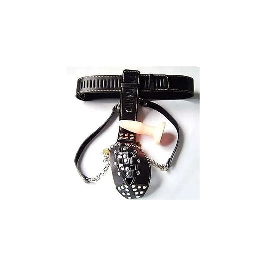 Dungeon Ware Leather Chastity Harness With Anal Plug - Male Chastity