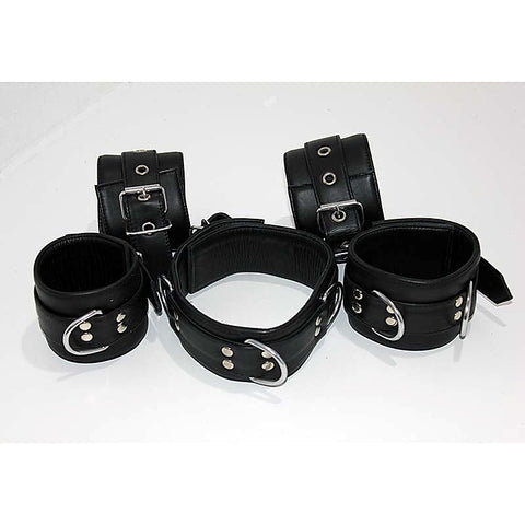 Submissive's Complete Black Leather Restraint Set - Cuffs And Restraints