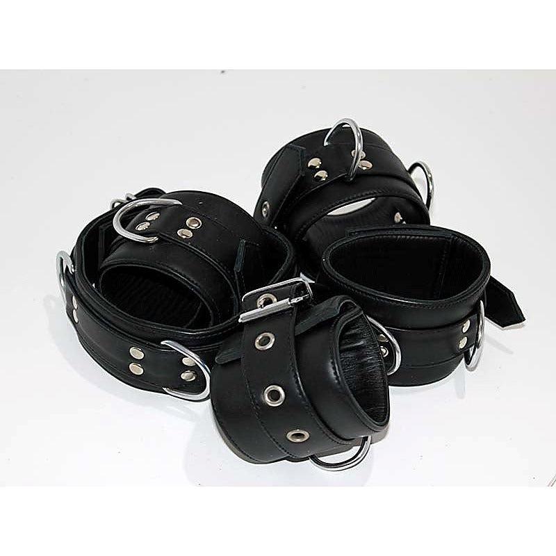 Submissive's Complete Black Leather Restraint Set - Cuffs And Restraints