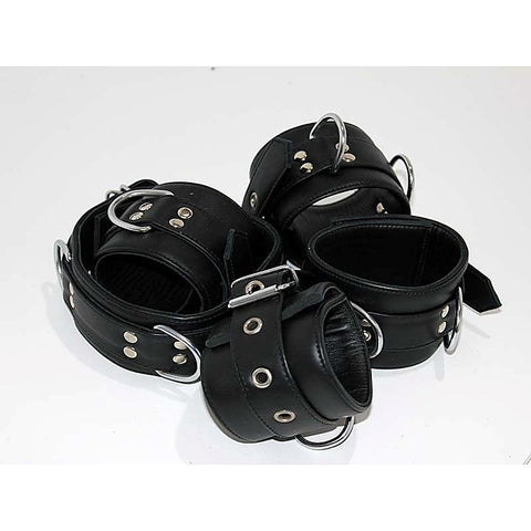 Submissive's Complete Black Leather Restraint Set - Cuffs And Restraints