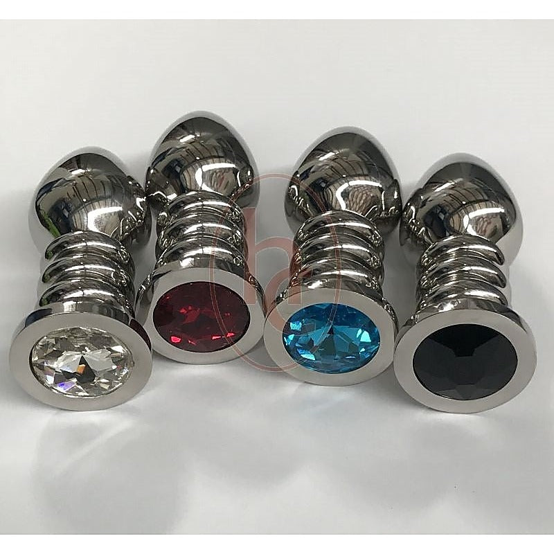 Hells Couture Ribbler Metal Jeweled Large Anal Plug Triple Ribbed Steel - Breast and Nipple Toys