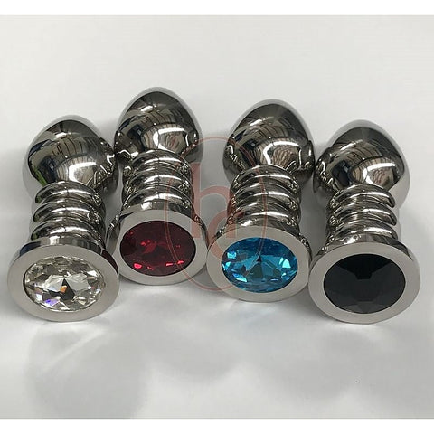 Hells Couture Ribbler Metal Jeweled Large Anal Plug Triple Ribbed Steel - Breast and Nipple Toys