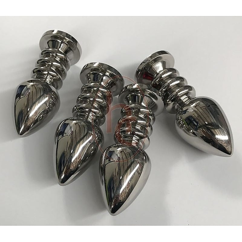 Hells Couture Ribbler Metal Jeweled Large Anal Plug Triple Ribbed Steel - Breast and Nipple Toys