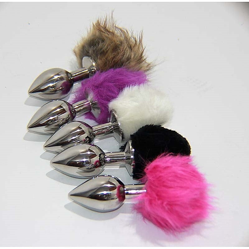 Crazy Faux Rabbit Tail Small Metal Silver Butt Plug - Finger and Tongue Vibrators