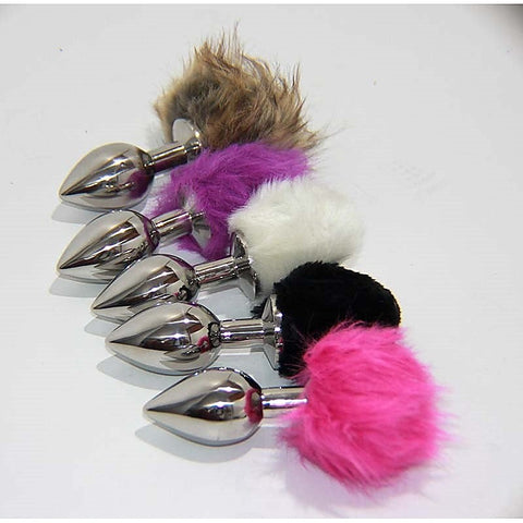 Crazy Faux Rabbit Tail Small Metal Silver Butt Plug - Finger and Tongue Vibrators