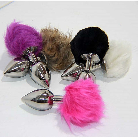 Crazy Faux Rabbit Tail Small Metal Silver Butt Plug - Finger and Tongue Vibrators