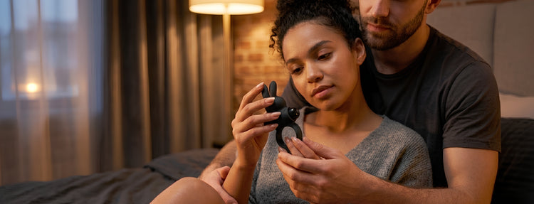 Couple exploring a black vibrating cock ring together in a cozy bedroom setting