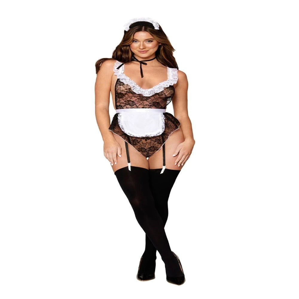 Dream Girl Lingerie Seductive French Maid Flirt Costume Set with Lace Teddy - Fancy Dress Ups