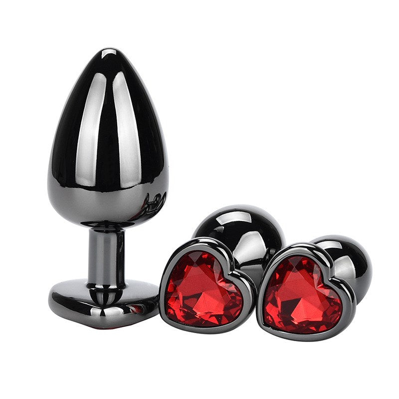 BDStyle Heart Jeweled Black Steel Butt Plug Large Premium Temperature Play - Red - Rabbit Vibrators
