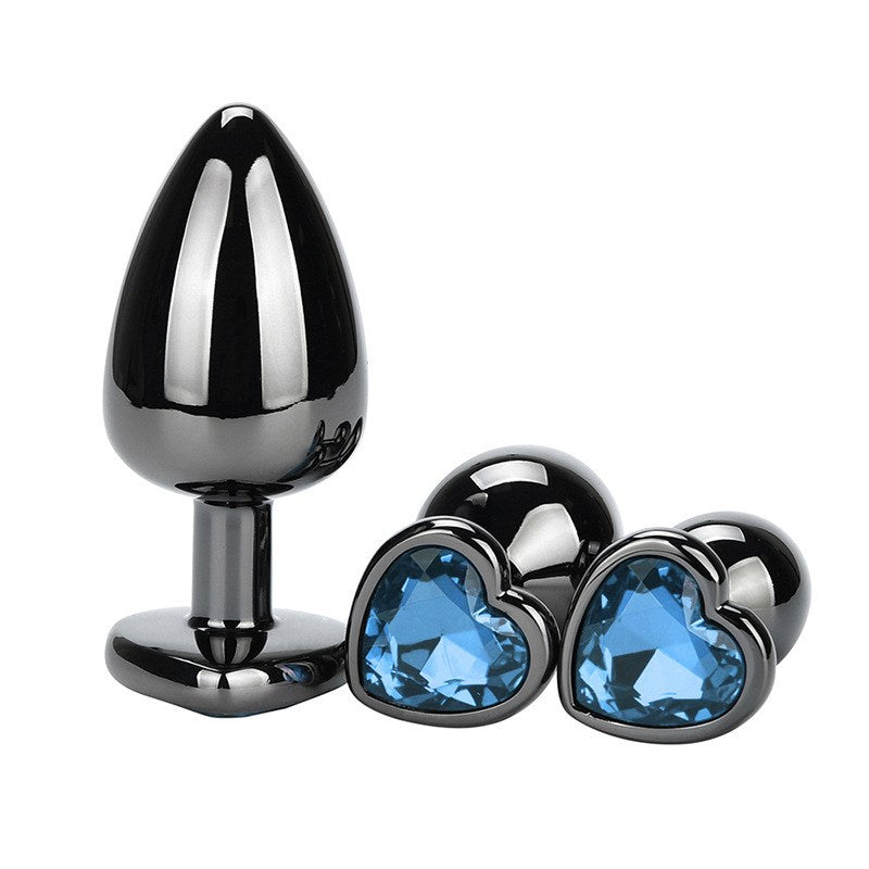 Heart Jeweled Black Steel Butt Plug Medium - Light Blue - Butt Plugs