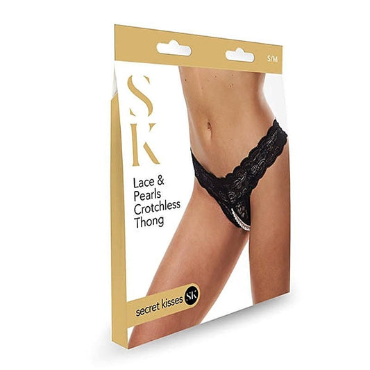 Secret Kisses Lace & Pearls Crotchless Thong Black - G-Strings, Panties and Shorts