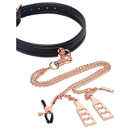 Punishment Rose Gold Choker and Nipple Clamps by BMS Factory - Collars and Leads