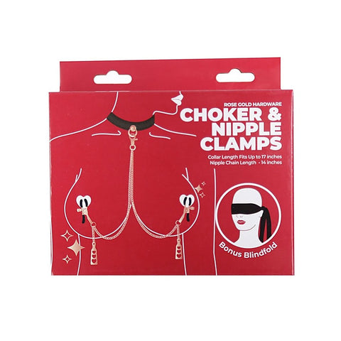 Punishment Rose Gold Choker and Nipple Clamps by BMS Factory - Collars and Leads