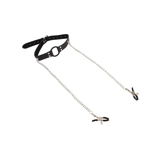 Breathable O-ring Gag with Nipple Clamps by Chisa - Bondage Gags and Bits