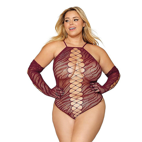 Seamless Zebra Fishnet Teddy and Glove Set - Teddies and Bodysuits