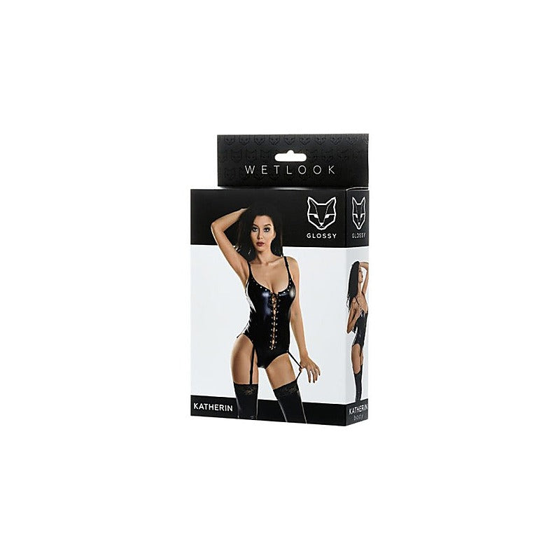 Glossy Wetlook Lace Up Womens Bodysuit Katherin by Toyfa - Teddies and Bodysuits
