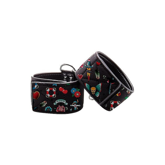Old School Tattoo Style Printed Hand Cuffs by Shots Toys - Cuffs And Restraints