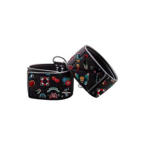 Old School Tattoo Style Printed Hand Cuffs by Shots Toys - Cuffs And Restraints