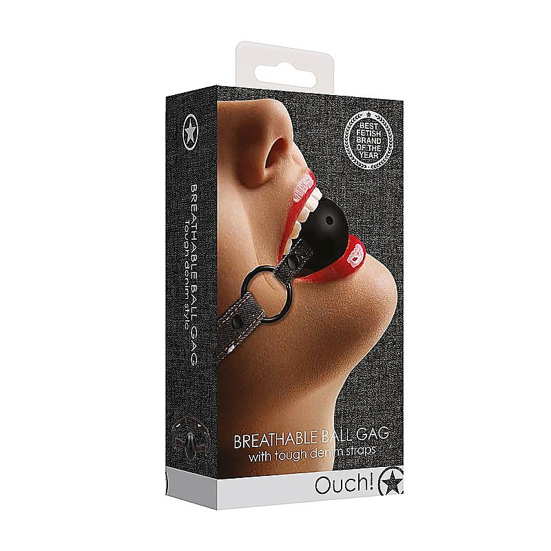 Breathable Ball Gag with Roughened Denim Straps - Bondage Gags and Bits