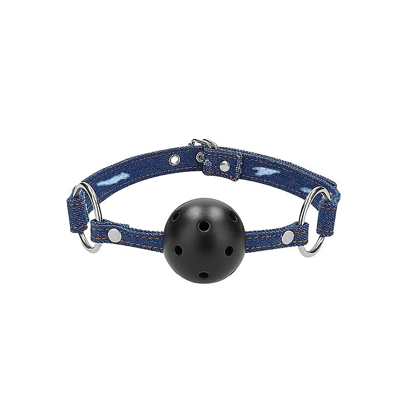 Breathable Ball Gag with Roughened Denim Straps - Bondage Gags and Bits