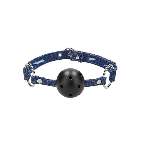 Breathable Ball Gag with Roughened Denim Straps - Bondage Gags and Bits