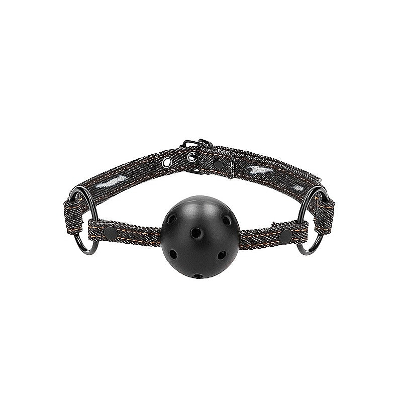 Breathable Ball Gag with Roughened Denim Straps - Bondage Gags and Bits