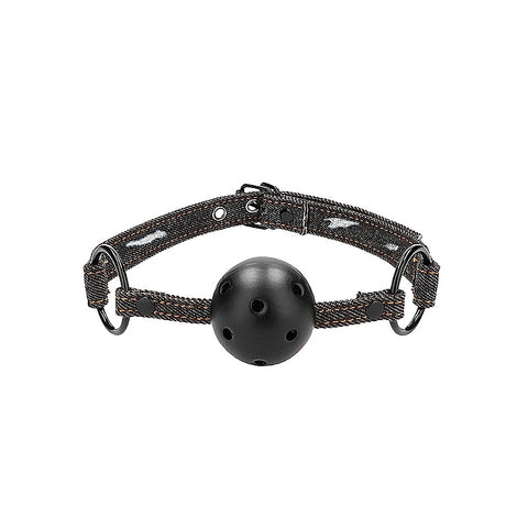 Breathable Ball Gag with Roughened Denim Straps - Bondage Gags and Bits