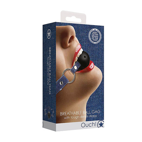 Breathable Ball Gag with Roughened Denim Straps - Bondage Gags and Bits
