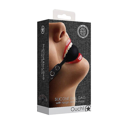 Silicone Ball Gag With Roughend Denim Straps by Shots Toys - Bondage Gags and Bits
