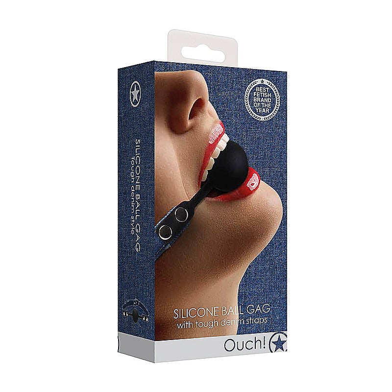 Silicone Ball Gag With Roughend Denim Straps by Shots Toys - Bondage Gags and Bits