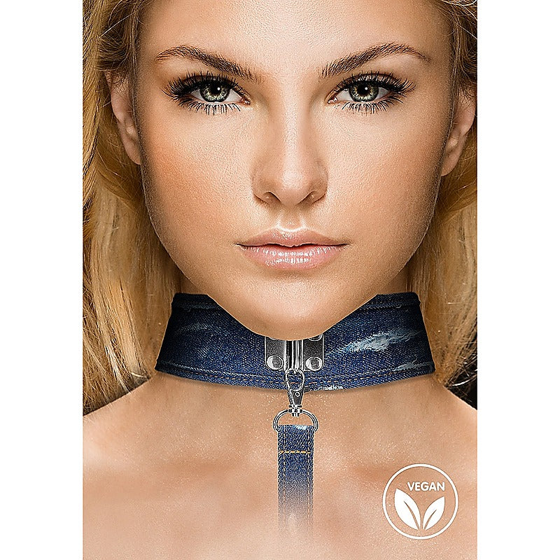 Denim Style Bondage Collar With Leash by Shots Toys - Collars and Leads