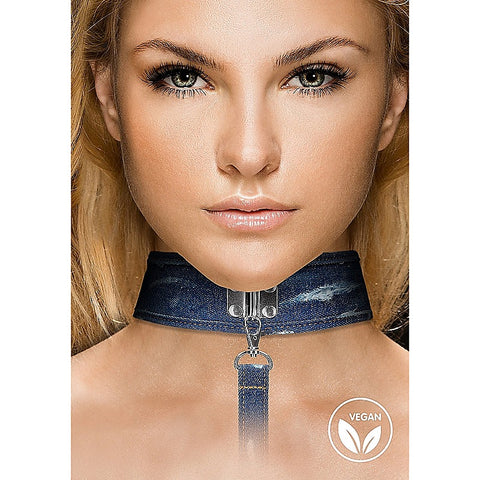 Denim Style Bondage Collar With Leash by Shots Toys - Collars and Leads