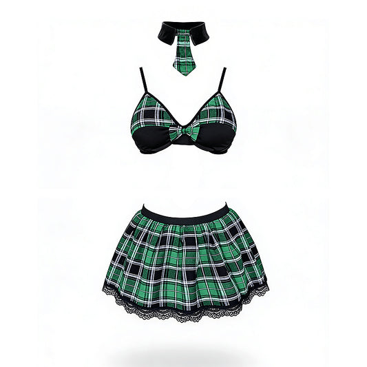 4 Piece Sexy School Girls Dress Set Green - Fancy Dress Ups