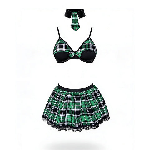4 Piece Sexy School Girls Dress Set Green - Fancy Dress Ups