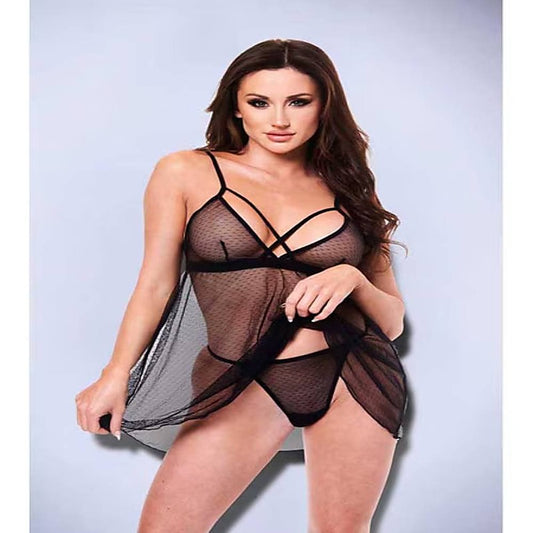2 Piece Strappy Lace & Mesh Babydoll & G-String Set - Babydolls and Chemises