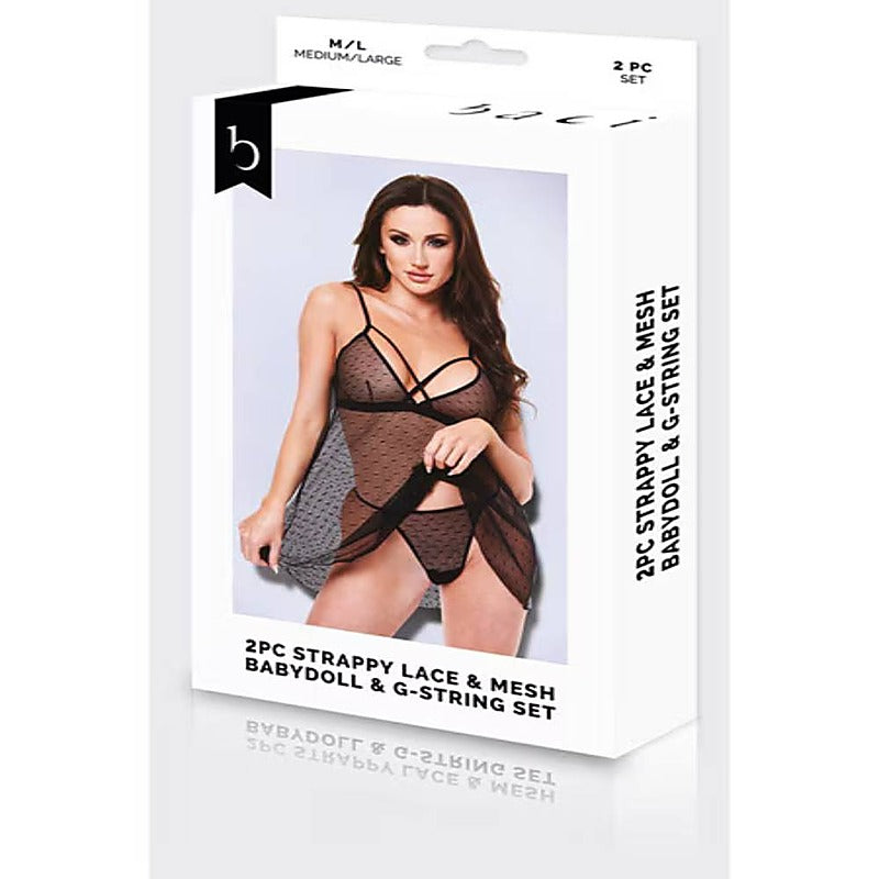 2 Piece Strappy Lace & Mesh Babydoll & G-String Set - Babydolls and Chemises
