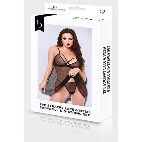 2 Piece Strappy Lace & Mesh Babydoll & G-String Set - Babydolls and Chemises