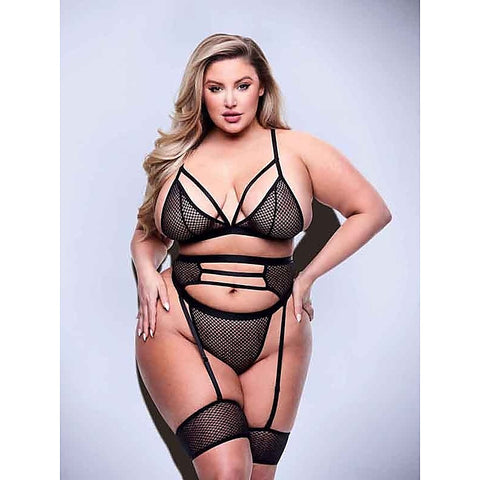 3 Piece Strappy Bra Garter & Panty Set by Baci Lingerie - Bras and Bra Sets