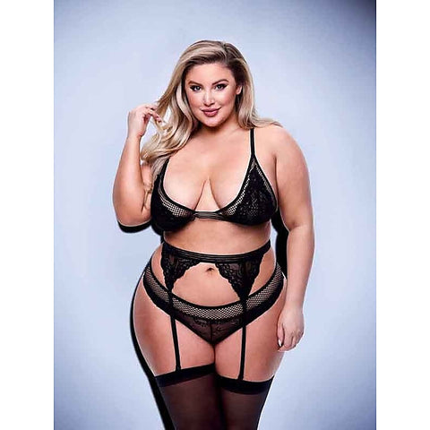 3 Piece Lace & Mesh Bra Garter & Panty Set by Baci Lingerie - Bras and Bra Sets