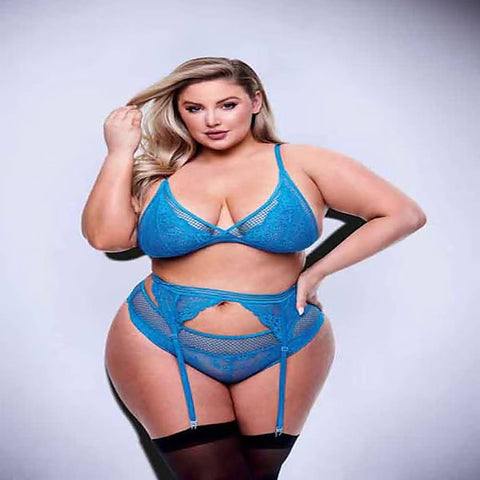 Baci 3 Piece Lace & Mesh Bra Garter & Panty Set Blue - Bras and Bra Sets