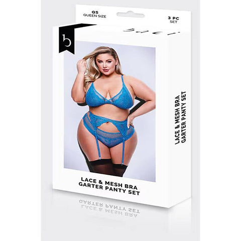Baci 3 Piece Lace & Mesh Bra Garter & Panty Set Blue - Bras and Bra Sets