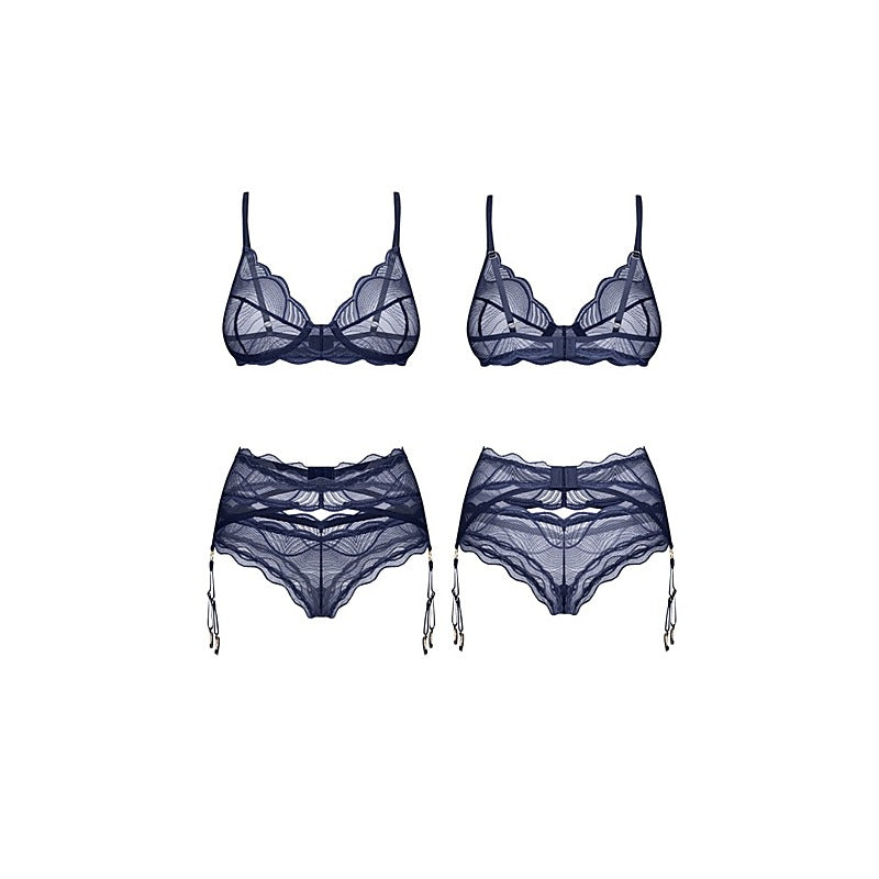 Nightly Blue Bra Panty Garter 3 Pc Lingerie Set by Obsessive - Bras and Bra Sets