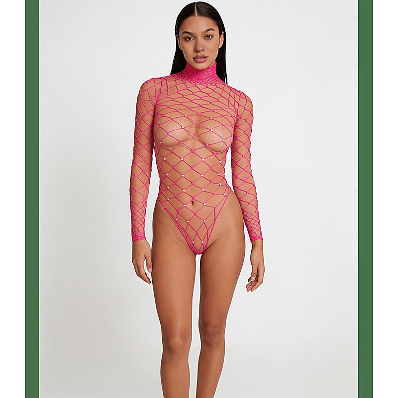 Wide Net Rhinestone Long Sleeve Bodysuit by Love In Leather - Teddies and Bodysuits