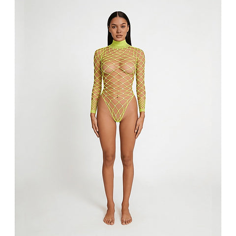 Wide Net Rhinestone Long Sleeve Bodysuit by Love In Leather - Teddies and Bodysuits