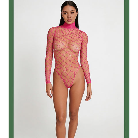 Wide Net Rhinestone Long Sleeve Bodysuit by Love In Leather - Teddies and Bodysuits