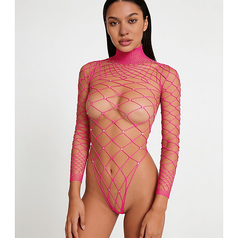 Wide Net Rhinestone Long Sleeve Bodysuit by Love In Leather - Teddies and Bodysuits