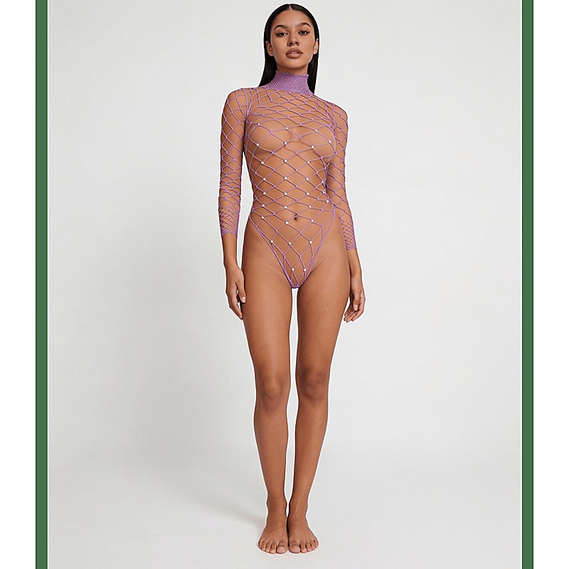 Wide Net Rhinestone Long Sleeve Bodysuit by Love In Leather - Teddies and Bodysuits