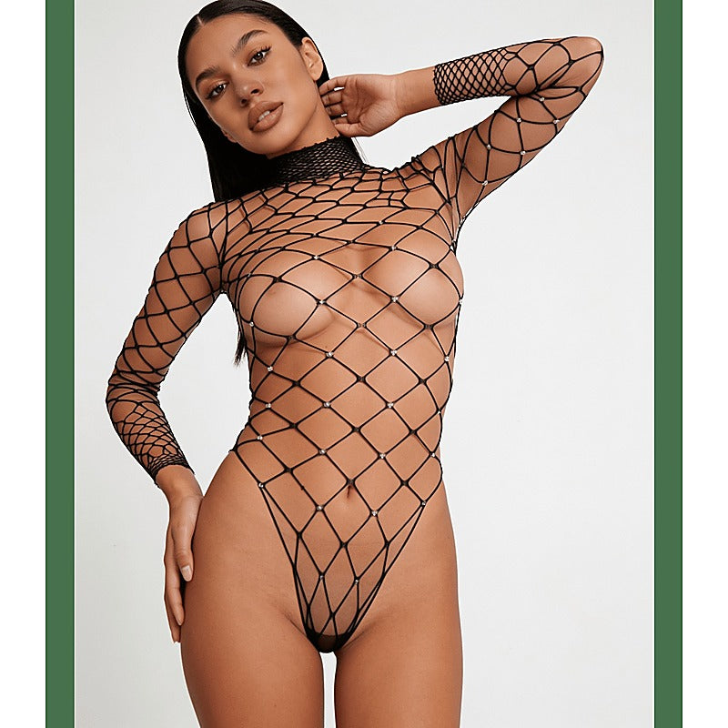 Wide Net Rhinestone Long Sleeve Bodysuit by Love In Leather - Teddies and Bodysuits